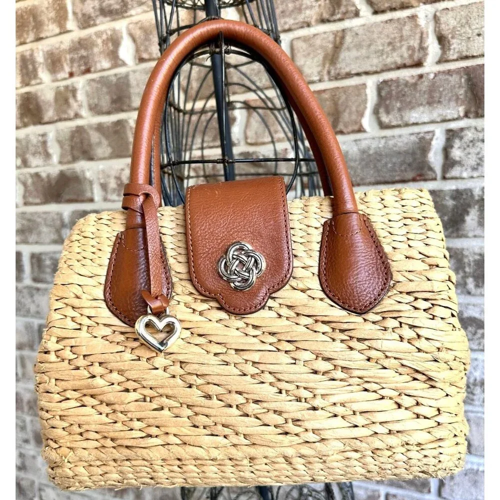 Brighton Interlok Dune Straw Leather Satchel Handbag Purse Double Handle Pocket
